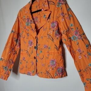 Johnny Was Orange Floral Embroidered Deconstructed Blazer